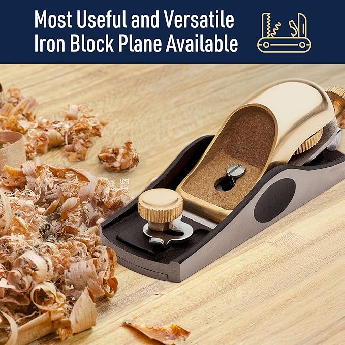 Low Angle Block Plane - Wood Planer Hand Tool with 1/8” Blade, Cast Iron Body, and Brass Knobs and Cap - Hand Planer for Woodworking with Adjustable Mouth for Thin Shavings by Kings County Tools