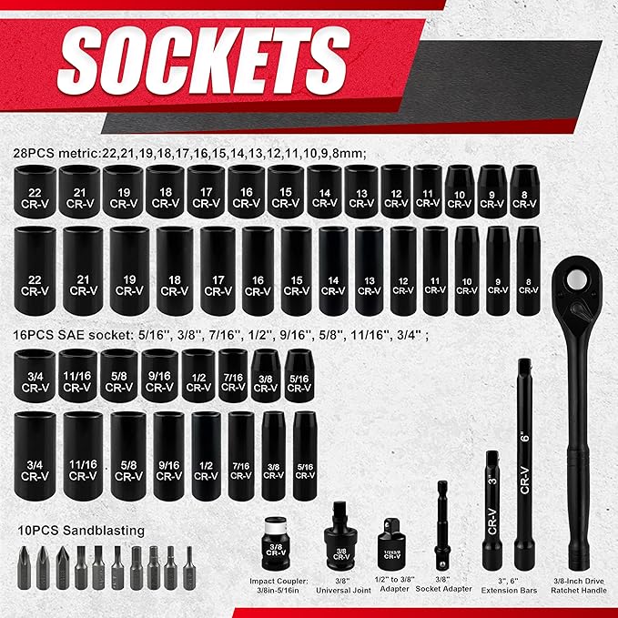 61pcs 3/8" Socket Set, Drive Deep Impact Socket Set, Including 3 ", 6" Impact Extension Bar, Standard SAE (5/16 to 3/4?? and Metric (8mm-22mm), Sandblasting,Impact Coupler,RatchetHandle,Cr-V Steel