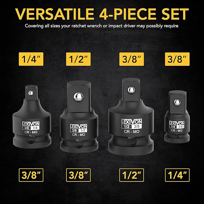 LEXIVON Impact Socket Adapter Combo Kit, 7-piece Increaser, Reducer & Extension Set | 1/4"-3/8"-1/2" Impact Driver Conversions, Active Rust Protection By Black-Phosphate Coating Treatment (LX-109)