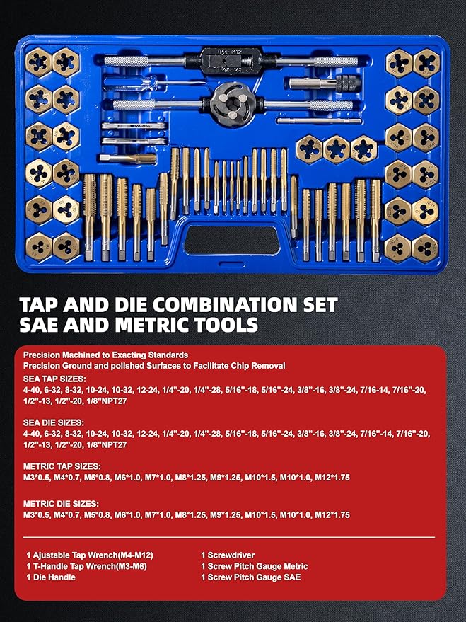 HIGHFIRE 60pcs SAE & Metric Tap and Die Set with Storage Case, Essential Threading Tool for Cutting External Internal Threads and Repair Damaged Threads