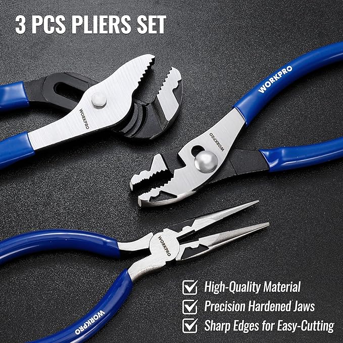 WORKPRO Pliers Set, 3-Piece Plier Tool Set with Soft Handle, 6" Needle Nose, 6" Slip Joint, 8" Groove Joint Plier for DIY & Home Use