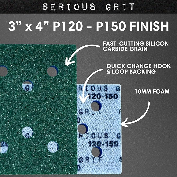 Serious Grit - 3" x 4" Foam Sanding Pads - P120-150 Medium Finish Grit - 10mm Medium Density Foam - Hook & Loop Backing - Fits SurfPrep, Uneeda Ekasand & Mirka 3x4 Sanders ??Made in USA ??10 Pack