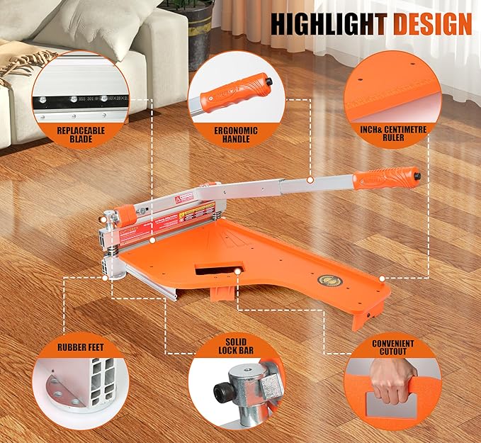 13" Pro.Floor Cutter-No Dust,No Noise,No Electricity. Multi-Angle Cuts for Laminate,Vinyl,Wood & More,Pro. ALU Long Leverage Handle,Longlife HSS Blade,Safe & Easy to Use! Orange & Wheeled