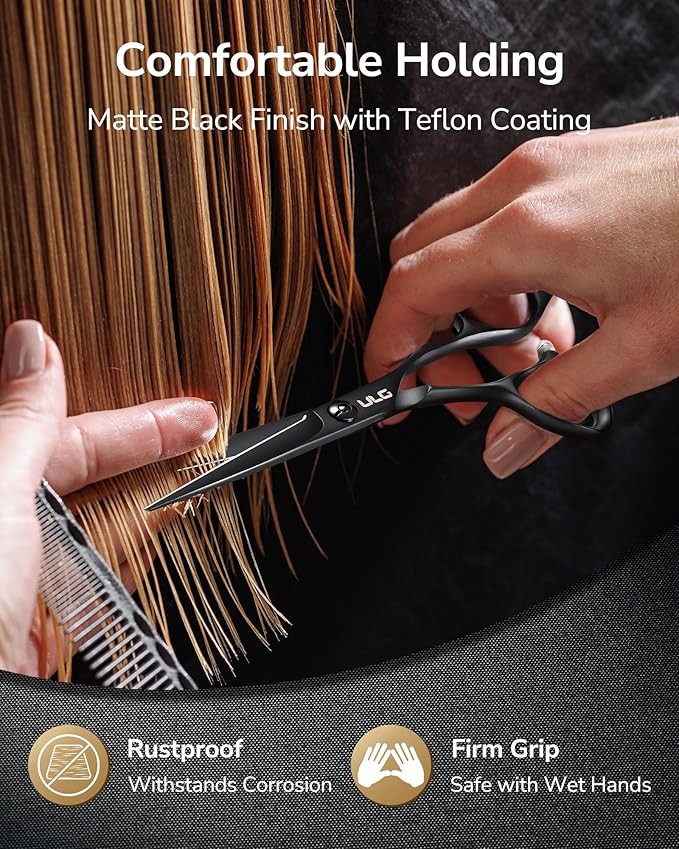 ULG Professional Hair Cutting Scissors 6.5 Inch ??Japanese Stainless Steel Barber Shears for Salon & Home Haircut, Ergonomic Offset Handles with Silencer, Hand-Honed Sharp Blades, Matte Black