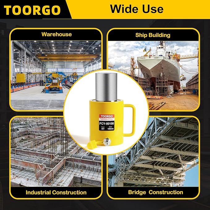 50T 4Inch Stroke Porta Power Single Acting Lifting Cylinder for Shipbuilding, Machinery and Industry,Automatically Retract Split Hydraulic Cylinders Jacks, Yellow