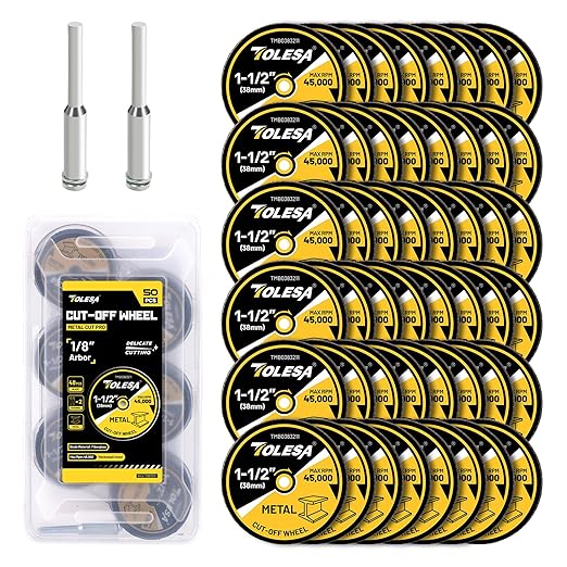 1-1/2 Cut Off Wheels 50 Pack, 1.5" x 1/8" Fiberglass Reinforced Cutting Wheels, TOLESA Rotary Tool Metal Cutting Disc Accessories Include 2 Mandrels
