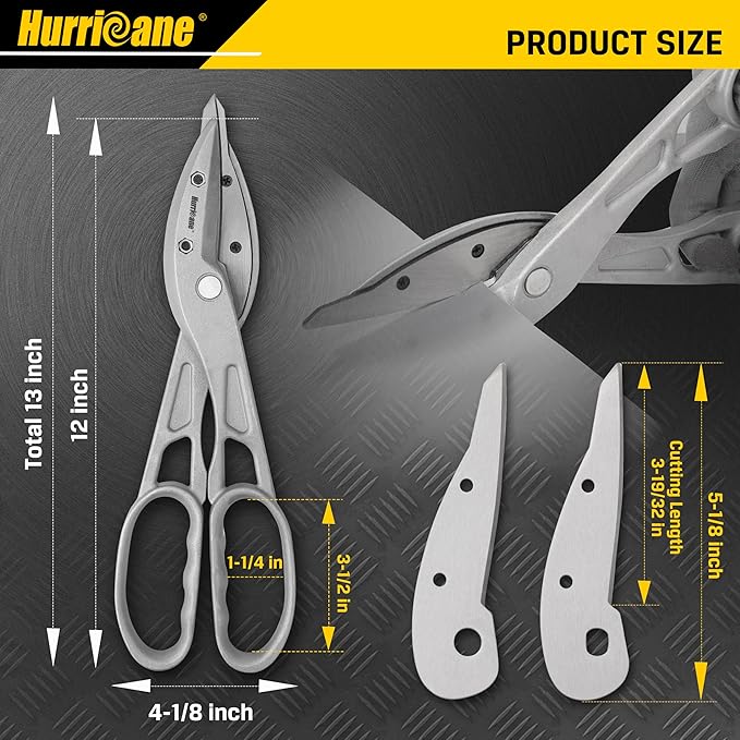 HURRICANE 12 Inch Aluminum Tin Snips with Replaceable Blades. Straight Cut Metal Shears for HVAC, Sheet Metal & Vinyl Siding. Lightweight Aluminum Metal Cutter with Large Glove-Friendly Handles