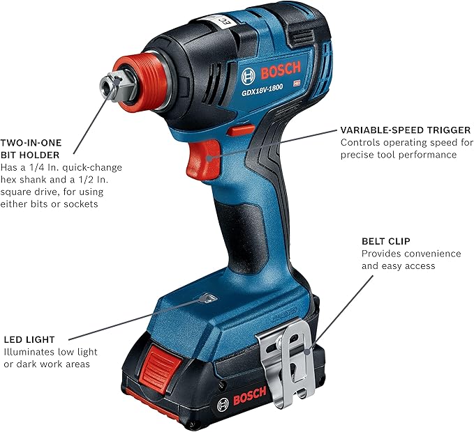 BOSCH GXL18V-601B25 18V 6-Tool Combo Kit with 2-In-1 Bit/Socket Impact Driver, Hammer Drill/Driver, Reciprocating Saw, Circular Saw, Angle Grinder, Floodlight and (2) CORE18V 4 Ah Compact Batteries