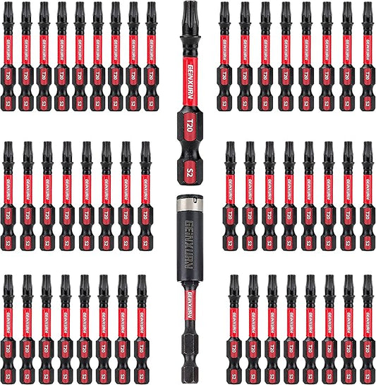 50 Pieces T20 2 In. Impact Tough Magnetic #20 Torx Head Power Bits, S2 Alloy Steel T20 Screwdriver Bits Set with 1Pcs Impact Bit Holder