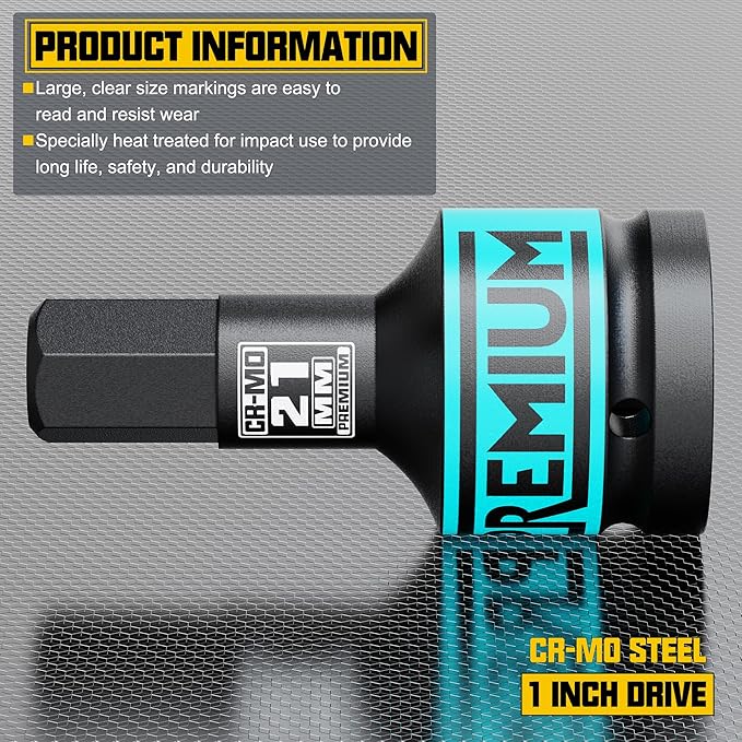 1" Drive H21 Impact Hex Bit Socket, 21 mm Allen Bit Socket, Metric, Cr-Mo Steel, Truck Repair and Equipment Maintenance