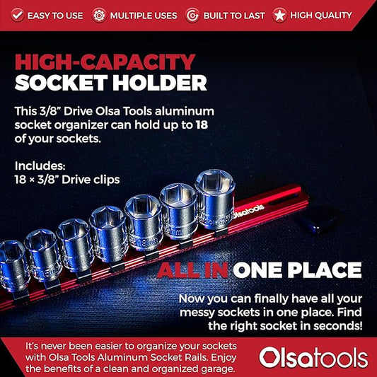 Olsa Tools Socket Organizer - 3/8-Inch Drive Red Holder - Stores 18 Chrome or Impact Sockets - Durable Rail Storage for Mechanics - Professional Grade Metric or SAE Socket Organizer - Part 1011