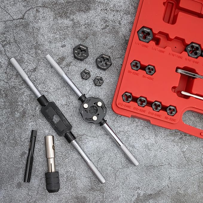NEIKO Tap and Die Set, 76 Piece, Metric and Standard, Rethreading, Cutting, Repairing Threading Tool for External & Internal Thread Tap Set, SAE & MM, Hex Die, UNC, UNF, AND NPT Threads, Complete Kit