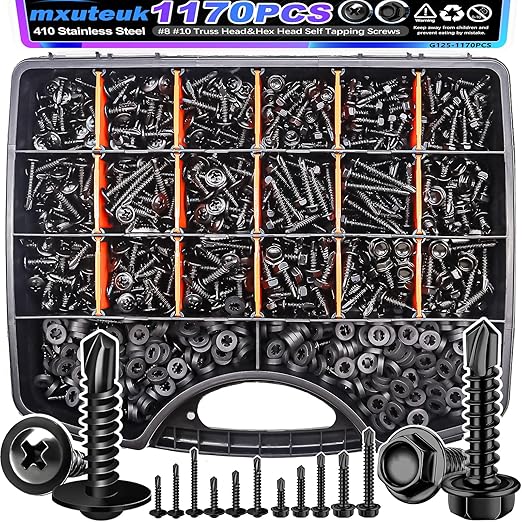 mxuteuk 1170PCS #8#10 Self Tapping Screws for Metal,410 Stainless Steel Self Drilling Screws,Truss Head & Hex Head 1/2" to1-1/4'' Self Tapping Screw for Plastic(800pcs Screw+370pcs Washer)