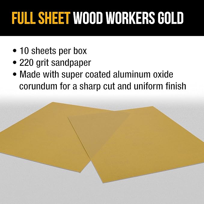Dura-Gold Premium 9" x 11" Gold Sandpaper Sheets, 220 Grit (Box of 10) - Wood Furniture Woodworking, Automotive Paint, Full-Size Cut to Use on 1/4, 1/3, 1/2 Sheet Finishing Sanders, Hand Sanding Block