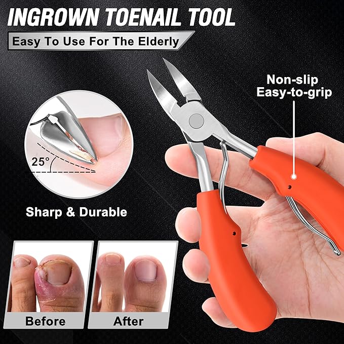 Toenail Clippers for Seniors Thick Toenails, Aucurwen Heavy Duty Toe Nail Clippers Adult Thick Nails Long Handle, Large Toenail Clippers for Thick Nails 7Pcs(Orange)