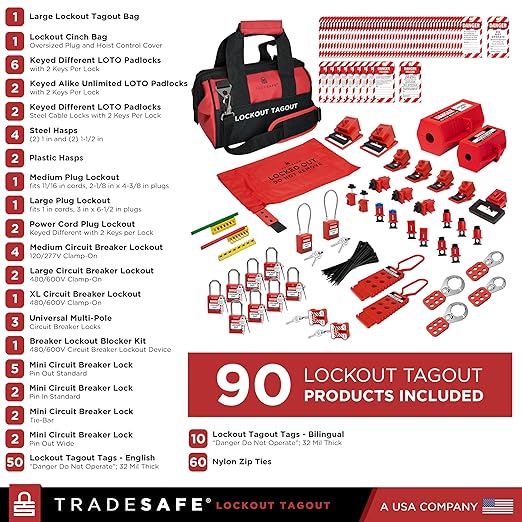 TRADESAFE Lockout Tagout Kit - 90 Loto Devices, Cable Lock, Loto Locks, Breaker Lockout Devices, Lock Out Tags, Plug Lock, Hasps, OSHA-Compliant Lock Out Tag Out Kits Electrical Tools