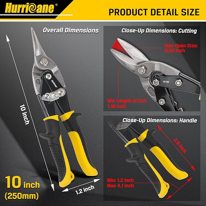 HURRICANE 10 Inch Aviation Tin Snips, Straight Cut Shears for Sheet Metal, Aluminum, Gutter & DIY Projects, Regular Straight Cutting Sheet Metal Cutter