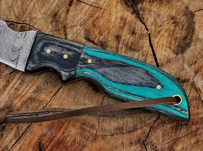 Damascuss Steel Lineman's Hawkbill Knife, Fixed Blade Full Tang, Turquoise Handle with Leather Sheath Electrician skinning knife for professional