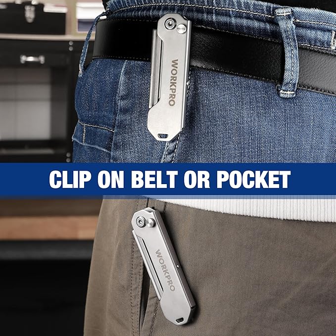WORKPRO 2PCS EDC Folding Utility Knife, Mini Box Cutter with Quick Open Axis Lock, Quick Change Blade Razor Knife, Foldable Small Pocket Knife with Belt Clip, 2 Packs with 10 Extra Blades