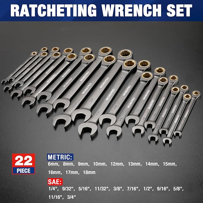 WORKPRO 22-Piece Ratcheting Wrench Set, Ratchet Combination Wrench Sets with Organizer Box, Nickel Plating, 72 Teeth, Metric 6-18mm & SAE 1/4-3/4"