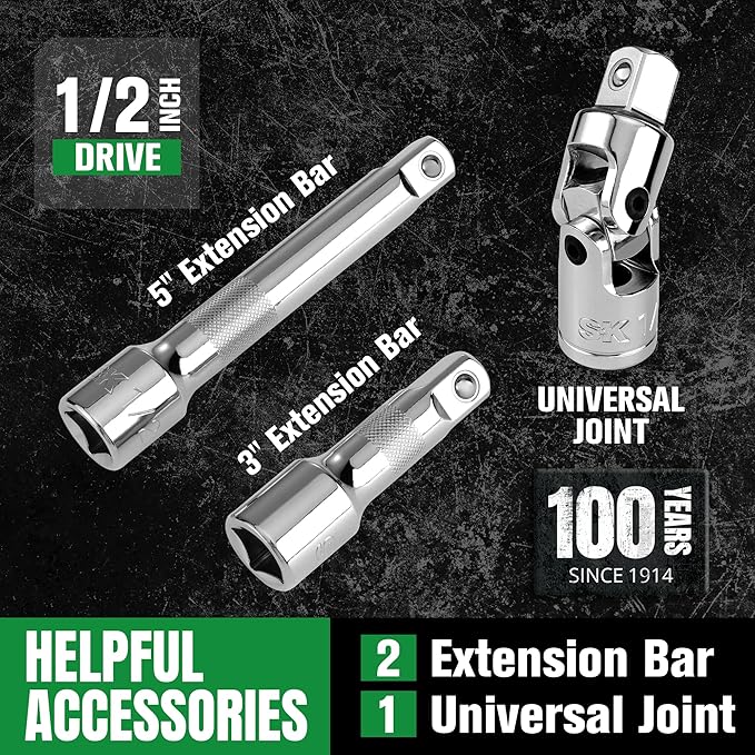 SK 1/2" Drive Socket Set with 160-P Ratchet, 52-Piece, SAE & Metric, SuperKrome Finish, Premium CR-V Construction, with EVA Foam Tool Organizer