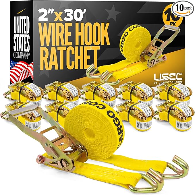 US Cargo Control Wire Hook Ratchet Straps 2 Inch x 30 Foot (10-Pack), 10,000 LBS Break Strength, Ratchet Straps Heavy Duty with Double J Hooks, Cargo Tie Downs for Flatbed Trailers and Trucks