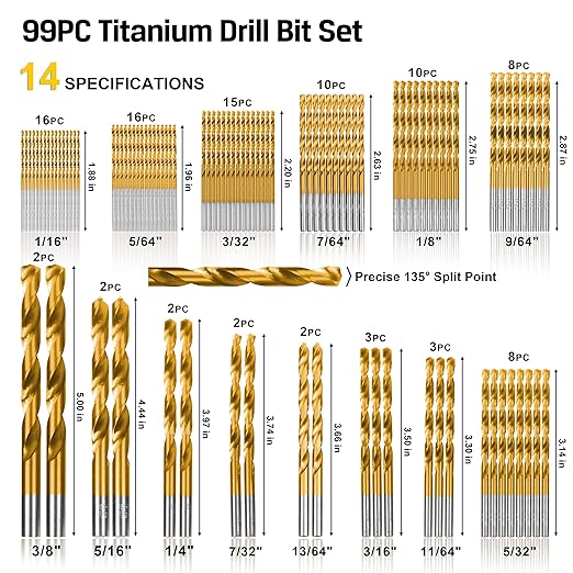 99 Pieces Titanium Twist Drill Bit Set, 135째 Tip High Speed Steel, Size from 1/16" up to 3/8", Ideal Drilling in Wood/Cast Iron/Aluminum Alloy/Plastic/Fiberglass, with Hard Storage by HURRICANE