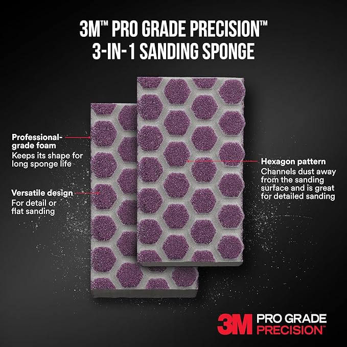 3M Pro Grade Precision 3-in-1 Sanding Sponge, 180 Grit Medium, 2 Sponges, Washable & Reusable, for Wood, Metal, Drywall, and Paint Prep ??Flexible Foam, Contoured, Angled, Flat