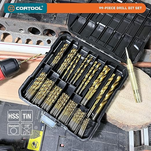 Drill Bit Set, 99-Piece Metal Drill Bits, High Speed Steel Titanium HSS Twist Drill Bits Set with Storage Case & Center Punch for Wood/Steel/Aluminum/Plastic/Fiberglass Size, 1/16 to 3/8 Inch