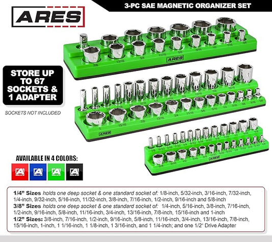 ARES 60037-3-Piece SAE Magnetic Socket Organizers Set - GREEN - Includes 1/4 in, 3/8 in, 1/2 in Socket Holders - Holds 68 Standard (Shallow) and Deep Sockets - Also Available in RED