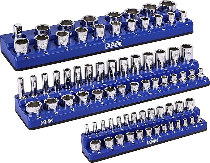 ARES 60036-3-Piece Blue Metric Magnetic Socket Organizer Set - Includes 1/4-Inch, 3/8-Inch, and 1/2-Inch Socket Holders - Holds Standard Size and Deep Size Sockets - Keeps Your Tool Box Organized