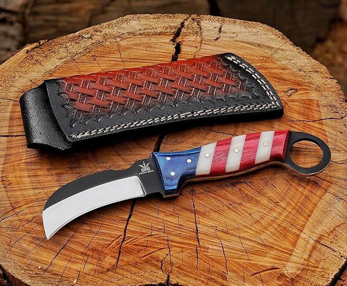 Handmade Steel Lineman’s Hawkbill knife with Leather sheath, Heavy Duty Utility Knife blade Electrician Wire Skinning knife for professional. (Red,White&Blue)