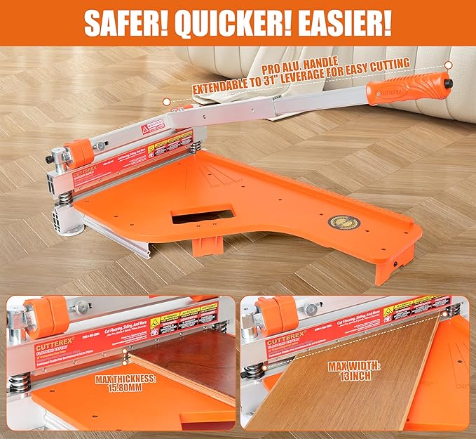 13" Pro.Floor Cutter-No Dust,No Noise,No Electricity. Multi-Angle Cuts for Laminate,Vinyl,Wood & More,Pro. ALU Long Leverage Handle,Longlife HSS Blade,Safe & Easy to Use! Orange & Wheeled