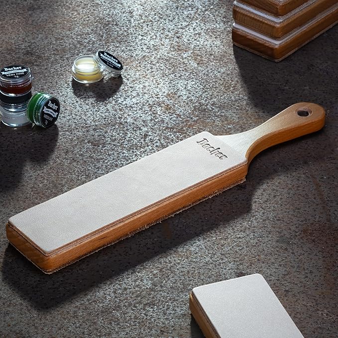 Bacher Premium Leather Strop for Knife Sharpening with Polishing Compound - Double Sided Stropping Leather ??Stropping Kit: Knife Strop and Stropping Compound for Wood Carving and Woodworking