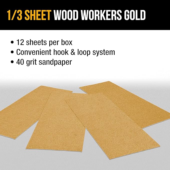 Dura-Gold Premium 1/3 Sheet Gold Sandpaper Sheets, 40 Grit (Box of 12) - 3-2/3" x 9" Size Hook & Loop Backing, Wood Furniture Woodworking, Auto Paint - Jitterbug Sanders, Clip-On, Hand Sanding Blocks