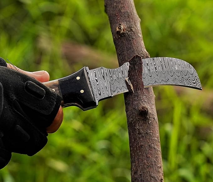 Handmade 1095 Steel Lineman’s Hawkbill knife with Leather sheath, Heavy Duty Utility Knife blade Electrician Wire Skinning knife for professional.(Horn)