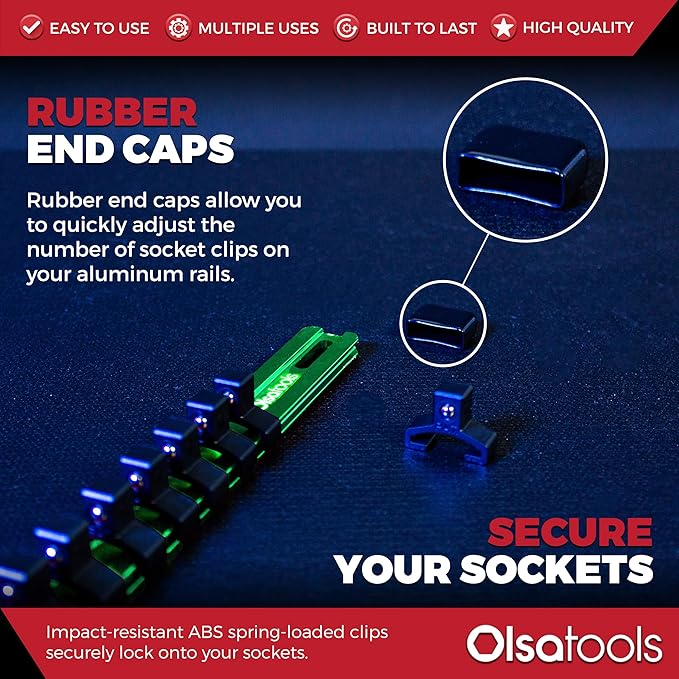 Olsa Tools Socket Organizer - 1/4-Inch Drive Socket Holder Rail - Green Aluminum Track Stores 24 Chrome or Impact Sockets - Professional Grade Metric or SAE Socket Organizer - Part: 1103