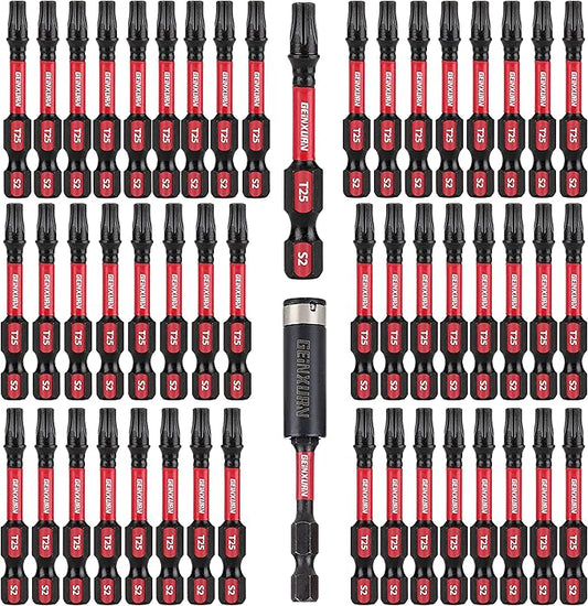 50 Pieces T25 2 In. Impact Tough Magnetic #25 Torx Head Power Bits, S2 Alloy Steel T25 Screwdriver Bits Set with 1Pcs Impact Bit Holder
