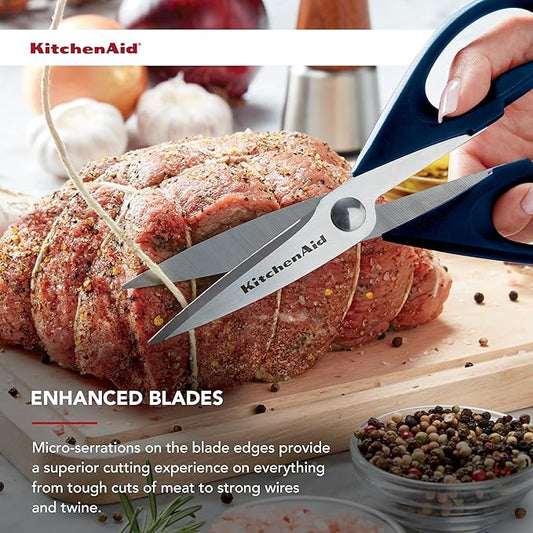 KitchenAid All Purpose Kitchen Shears with Protective Sheath Durable Stainless Steel Scissors, Dishwasher Safe, Soft Grip Comfort Handle, 8.72 Inch, Ink Blue