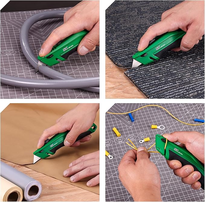 SK Retractable Utility Knife with Additional Wire Cutter, Quick Change Box Cutter, Heavy Duty Zinc Alloy, Blade Storage in Handle, Extra 4 SK2M Blades Included