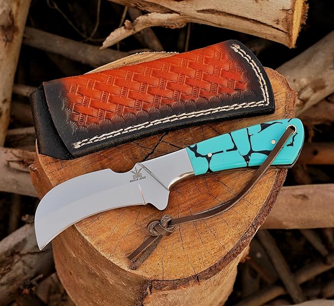 Stainless Steel Lineman's Hawkbill Knife, Fixed Blade Full Tang, Turquoise Handle with Leather Sheath