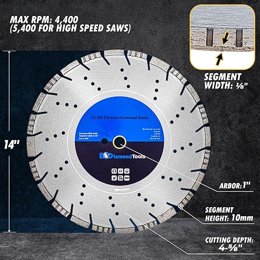 14" All Purpose Diamond Saw Blades for Hard/Reinforced Concrete, Asphalt, Granite, Terrazzo, Ductile Iron Piping, 4-5/8" Cutting Depth, 1" Arbor, 5 Pack