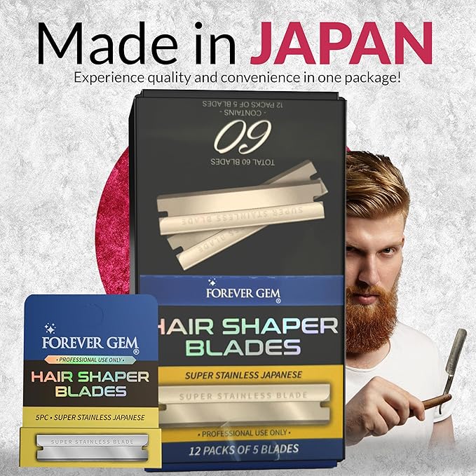 Japanese Stainless Steel Hair Shaper Blades | 60-Count Polymer Shaving Blades | Facial Hair & Eyebrow Trimmer for Men & Women | 12 Packs of 5, Silver