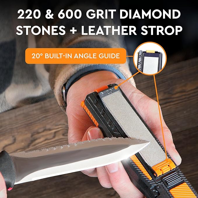 Orange Ninja Pocket Knife Sharpener with Guided Diamond Whetstones ??8-in-1 Tool Sharpener for EDC, Outdoor, Hunting & Camping Knives - Includes Diamond Rod, Leather Strop & Fire Starter