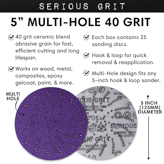 Serious Grit 5-Inch 40 Grit Ceramic Multi-Hole Hook & Loop Sanding Discs - Advanced Grain for Fast Cutting & Long Life - Film-Backed Universal Fit Sandpaper for 5-in Sanders - 25 Pack Box