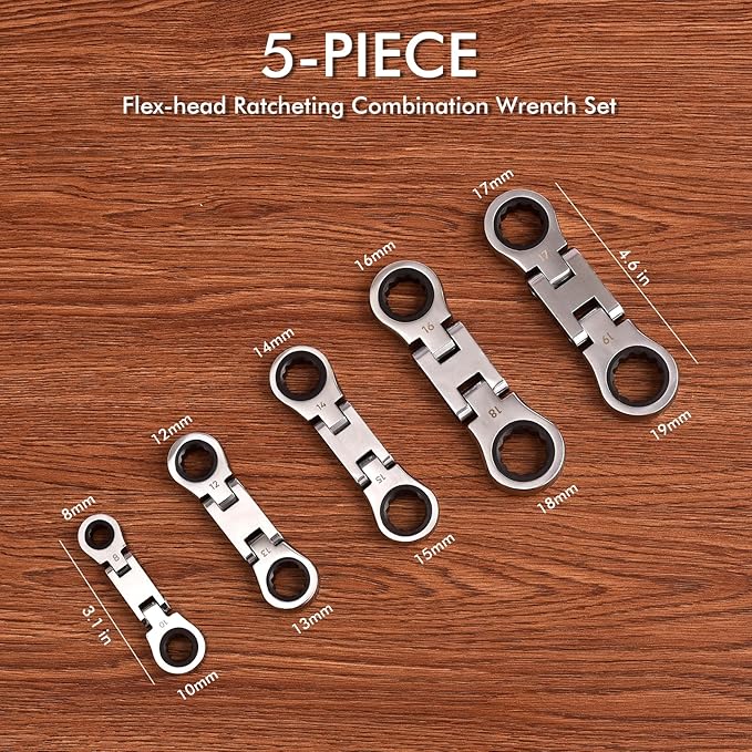 Stubby Wrenches Set, 72-Tooth Flex Head Ratcheting Wrench Set, Compact Double Box End Ratchet Wrench Metric 8-19mm 5 Pieces for Tight Spaces