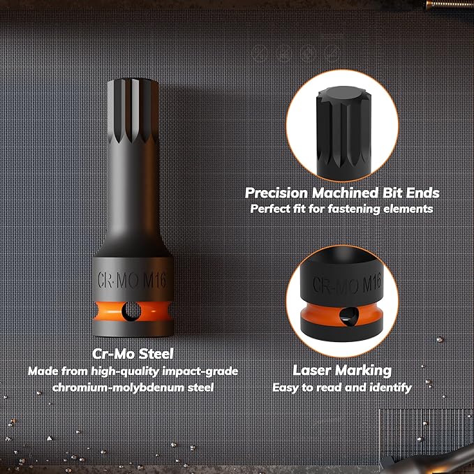 8-Piece Impact XZN Triple Square Spline Bit Socket Set,1/2" Drive,Cr-Mo Steel, VW Seats Compatible with Impact Wrench & Power Tools, M5-M18