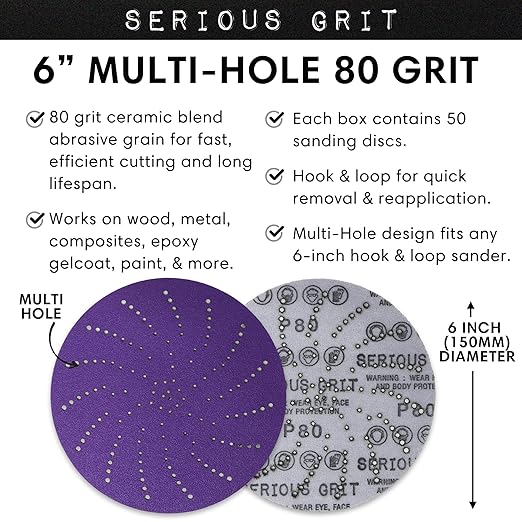 Serious Grit 6-Inch 80 Grit Ceramic Multi-Hole Hook & Loop Sanding Discs - Advanced Grain for Fast Cutting & Long Life - Film-Backed Universal Fit Sandpaper for 6-in Sanders - 50 Pack Box