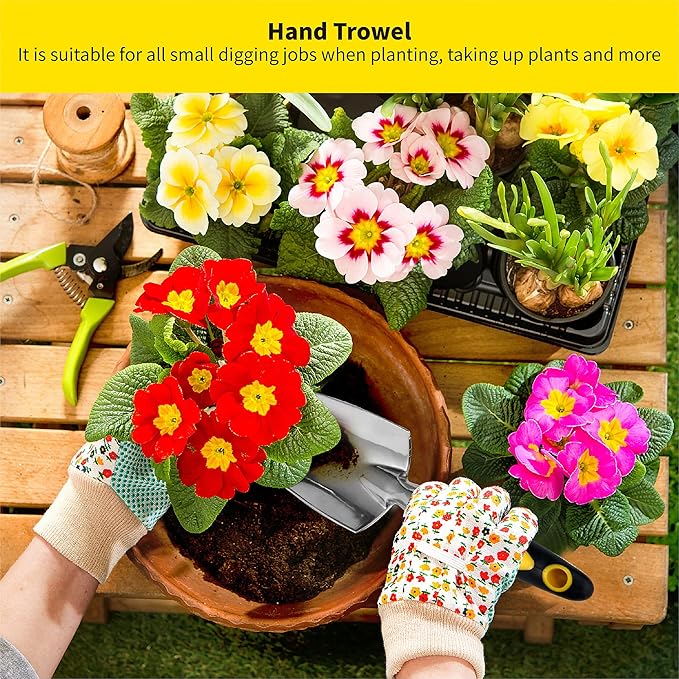Gardenera 3PC Garden Tool Set with Soft Rubberized Non-Slip Handles - Hand Trowel, Transplant Trowel, Hand Rake in Polished Aluminum - Ideal for All Gardening Needs and The for Gardeners