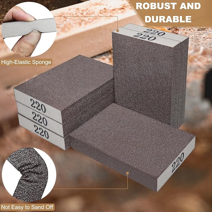 6 Pack 220 Grit Hand Sanding Block, Washable and Reusable Sanding Sponge Great for Pot Brush Pan Brush Sponge Brush Glasses Sanding Wood Sanding Metal Sanding (220 Grit)